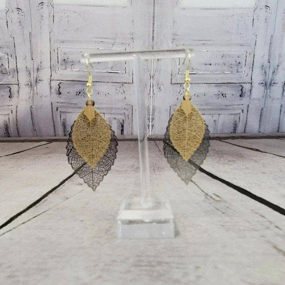 Golden and Black Skeleton Leaf two layer Dangle Earrings - Picture 2 of 8